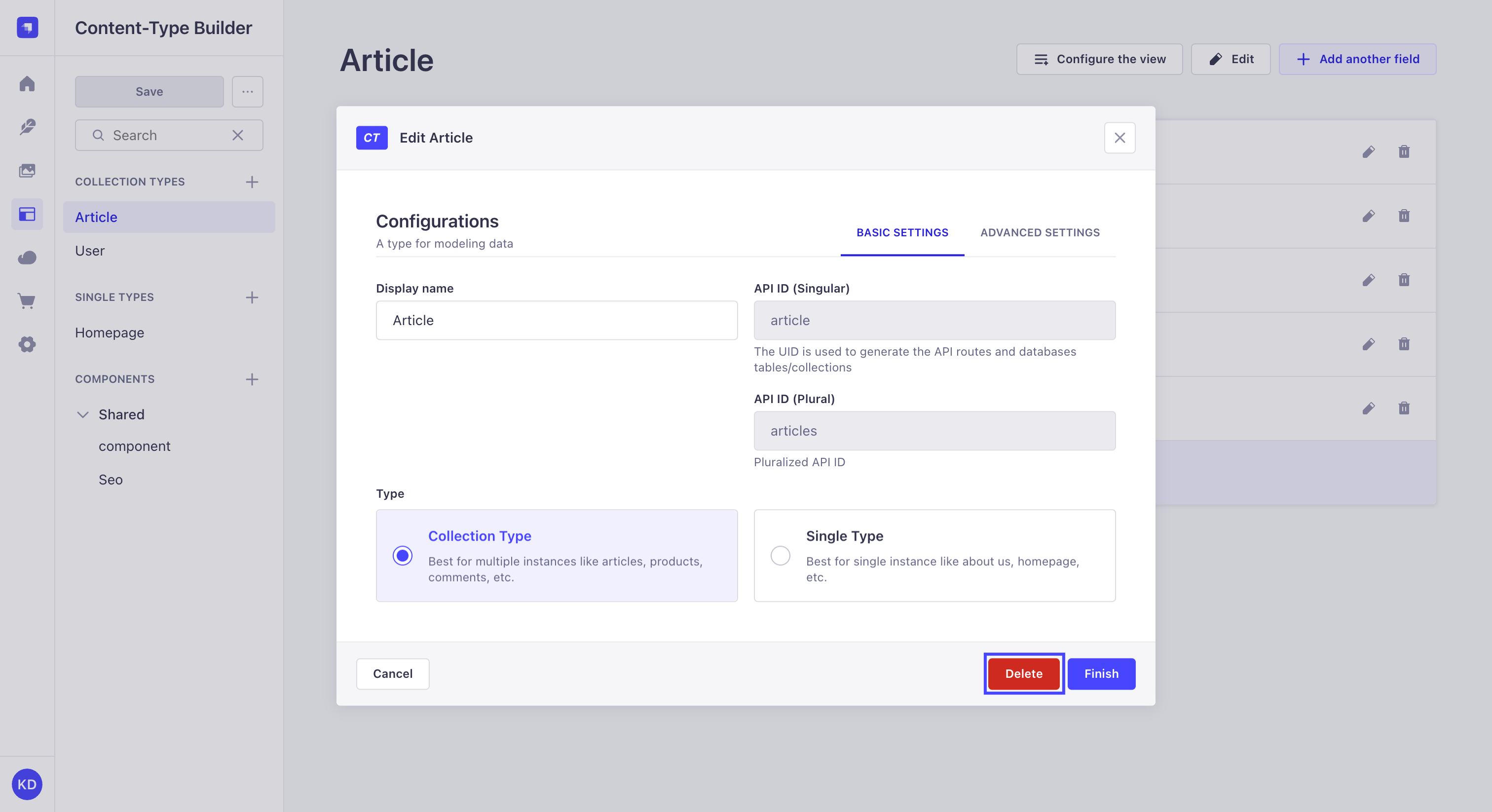 Deletion of content type in Content-type Builder